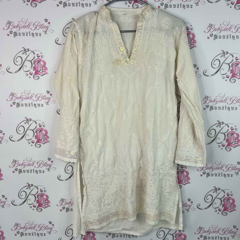 Bollywood dress sequins sparkly Elegant Cream Embroidered Tunic